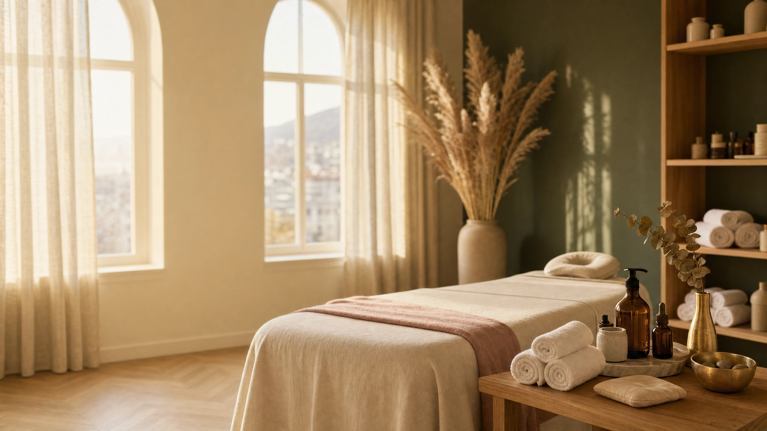Heller Massageraum mit Liege und gro&szlig;en Fenstern