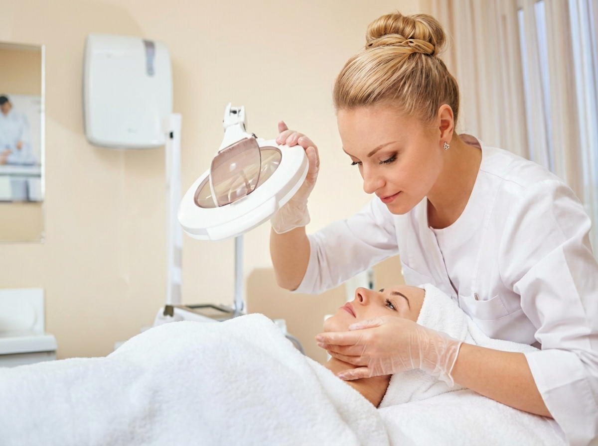 Una esteticista examina la cara de una clienta con una l&aacute;mpara con lupa