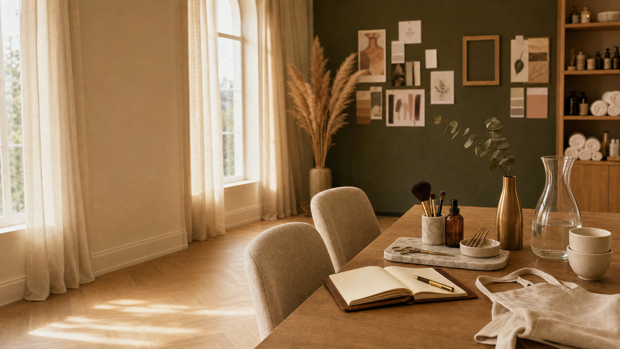 Stilvoller Arbeitsplatz mit Holztisch und Dekoration