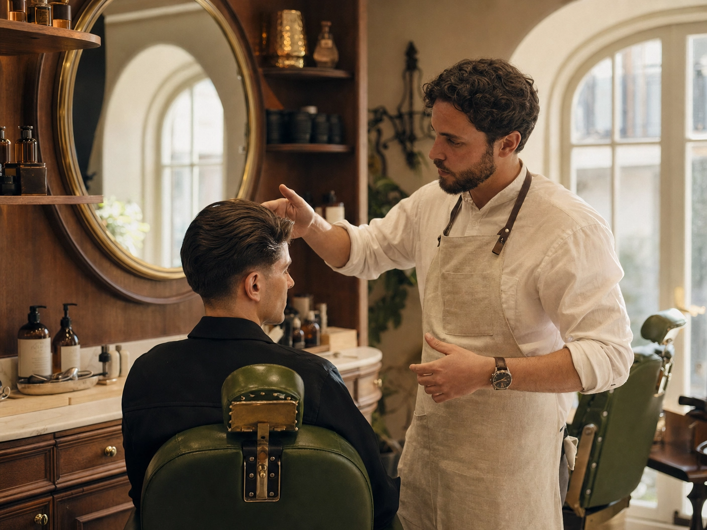 Friseur stylt Kunden in vintage Barbershop